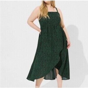 Torrid 3 Challis Green Black Leopard Print Smocked Midi Dress Spaghetti Strap 3X
